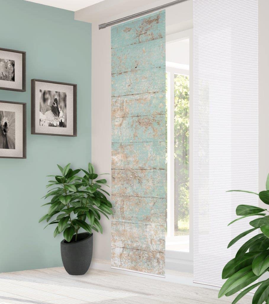 84089 MANDRIGA Schiebegardine aus recyceltem Polyester, Farbe:mint, Größe:245 x 60 cm, Anzahl:4er-Set (2X Motiv. 2X Uni)