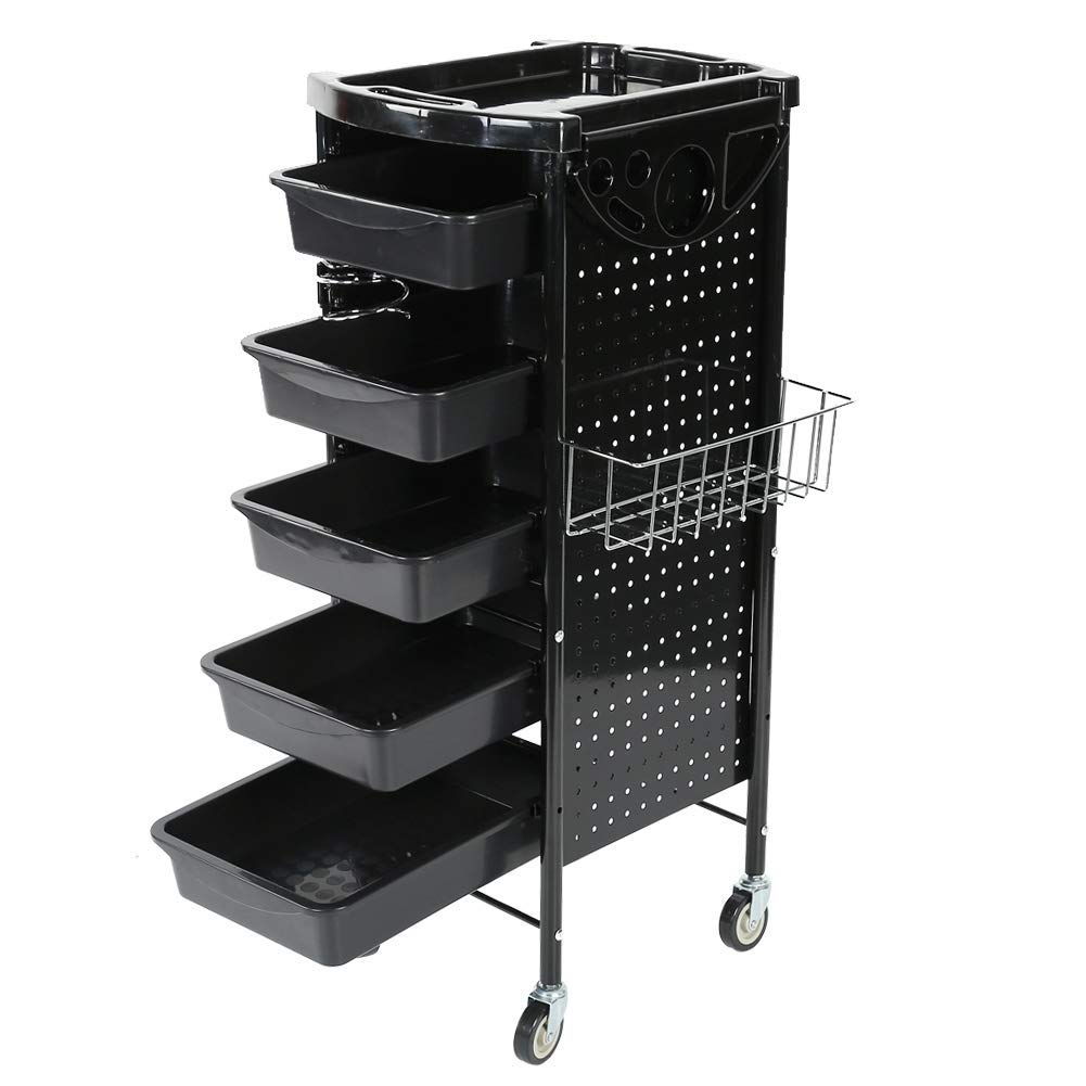 Chariot de Coiffure à roulettes avec 6 Étagères, 5 Tiroirs Détachables, Panier Latéral et Support pour Sèche-Cheveux, pour Salon de Massage