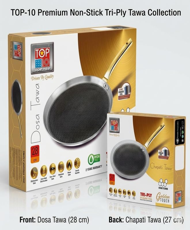 Image of TOP-10 Golden Touch Honeycomb Triply Dosa Tawa 28 cm | 2.5 mm Thick Stainless Steel | Induction & Gas Compatible | 2 Years Warranty