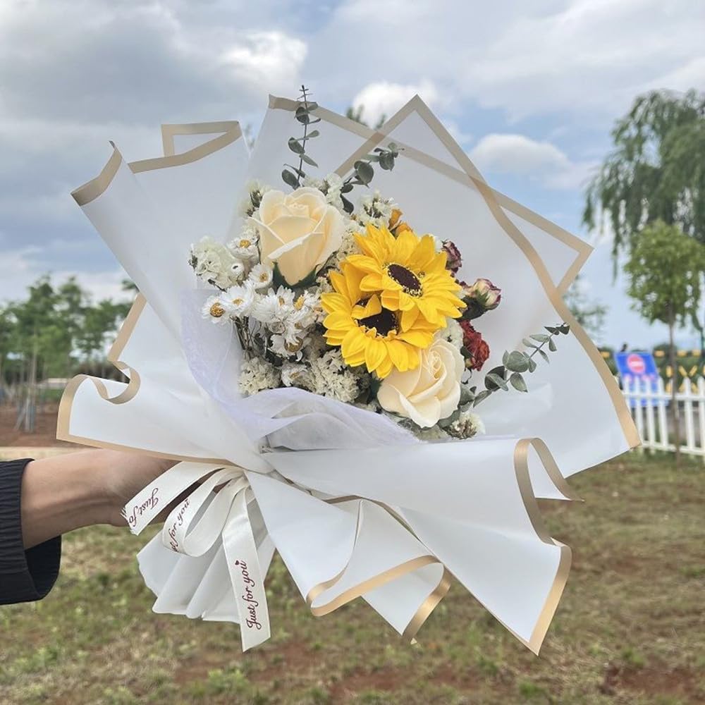 XZJMY 20 vellen gouden rand bloem inpakpapier - waterdichte bloemist boeket benodigdheden voor doe-het-zelf ambachtelijke geschenkverpakking - 57,9 cm x 57,9 cm (wit