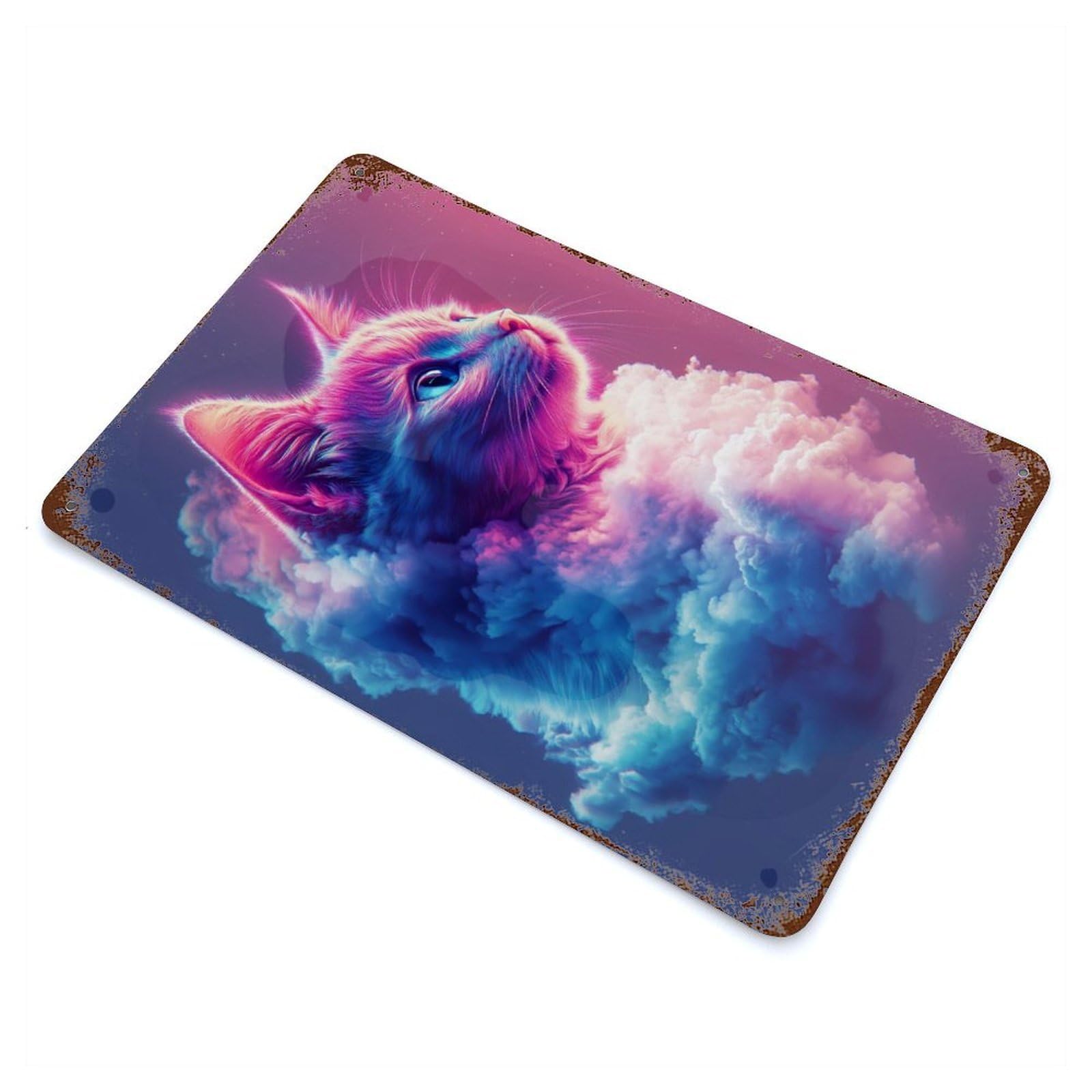 Neon Cat in Clouds Weathered Tin Sign 11.8"x7.9", for Patio, Garden Room And Bar Decor, Farmhouse Wall Decor