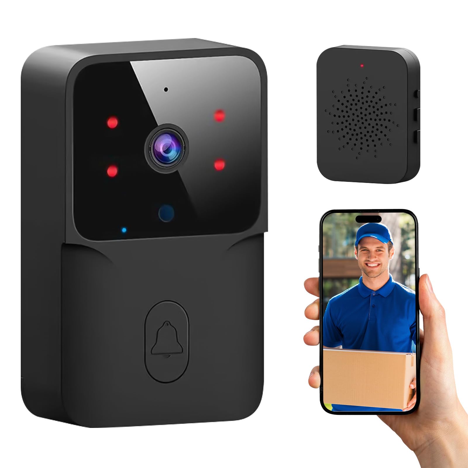 Yakiter Video Timbre Inteligente, Mbre Inalambrico Exterior con Camara,Timbre Inteligente con Visión Nocturna de 480P,Audio Bidireccional, Almacenamiento en la Nube,Negro