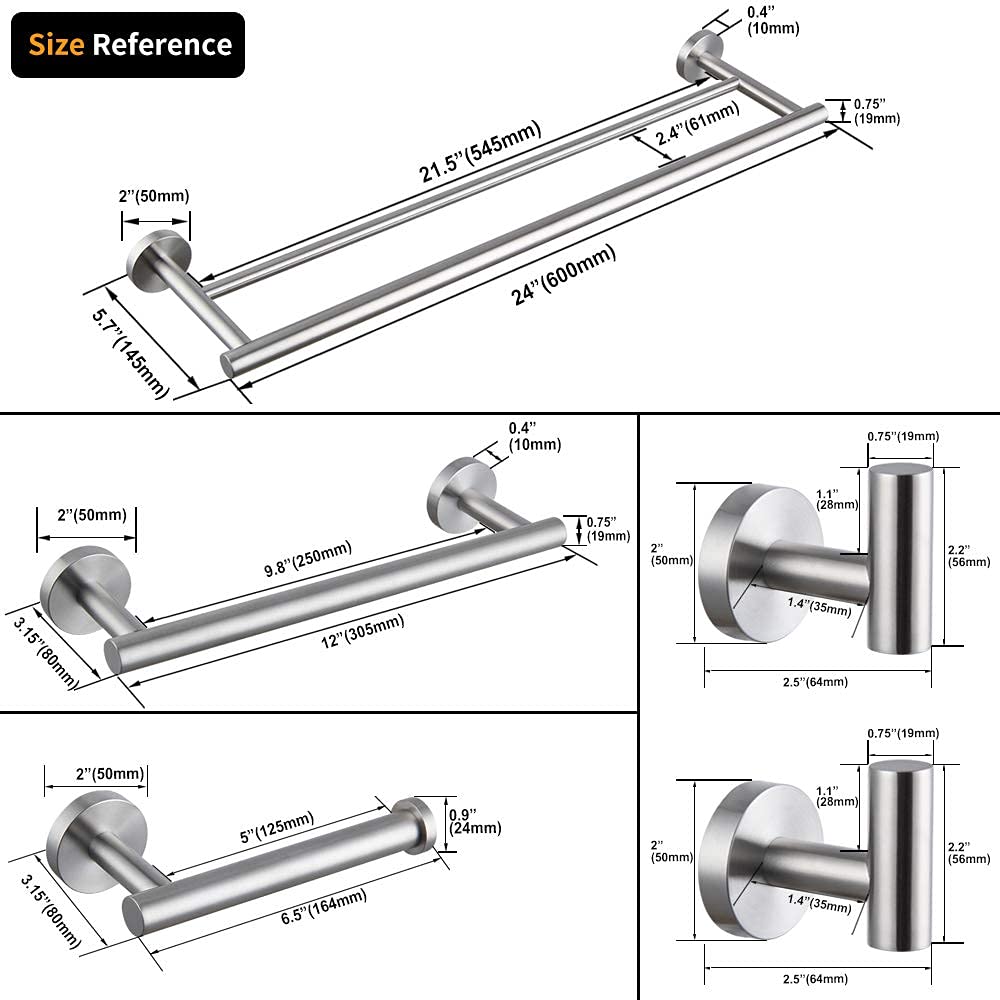 Juego de accesorios de baño de 5 piezas de accesorios de baño de acero inoxidable cepillado montado en la pared – Incluye barra de toalla doble de 18 pulgadas, barra de toalla de mano de 12 pulgadas,
