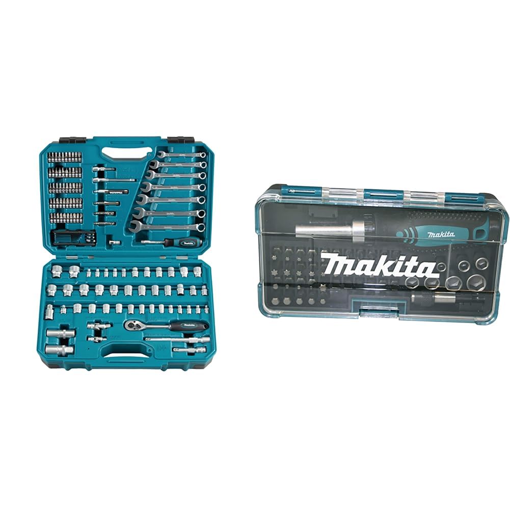 Makita E-06616 Zestaw Narzędzi, Niebieski/Czarny, 120 Elementów & Makita Grzechotka i zestaw Bitów 47-Częściowy, B-36170, Wielokolorowy