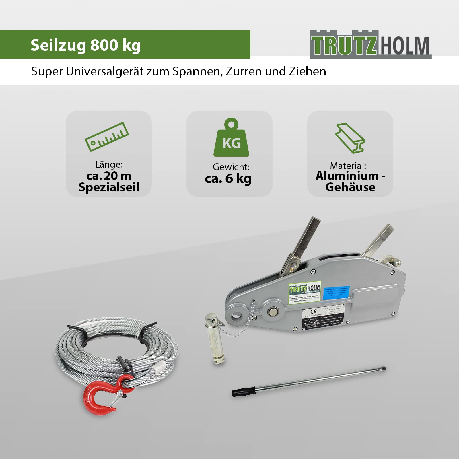 TRUTZHOLM Forstwinde Forstseilwinde mit 20 m Seil 800 kg Kapazität Seilzug Greifzug Seilwinde Offroad Winde