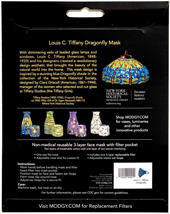 MODGY Fashion Mask 3-Layer Cloth Face Masks with Filter Pocket Insert, Nose Wire, Adjustable Ear Loops, Breathable, Reusable, Washable, Women, Men, Adults, Louis C. Tiffany Dragonfly