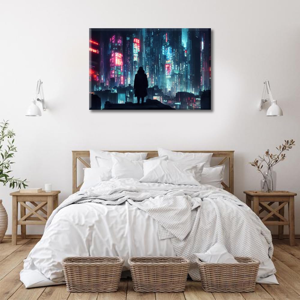 1 Pieces Cyberpunk City Full of Neon Lights Wall Art Wall Painting Future City Concept Pictures Print On Canvas Modern Canvas Prints Wall Decor Artwork Framed Poster Office Wall Decor - Image 4