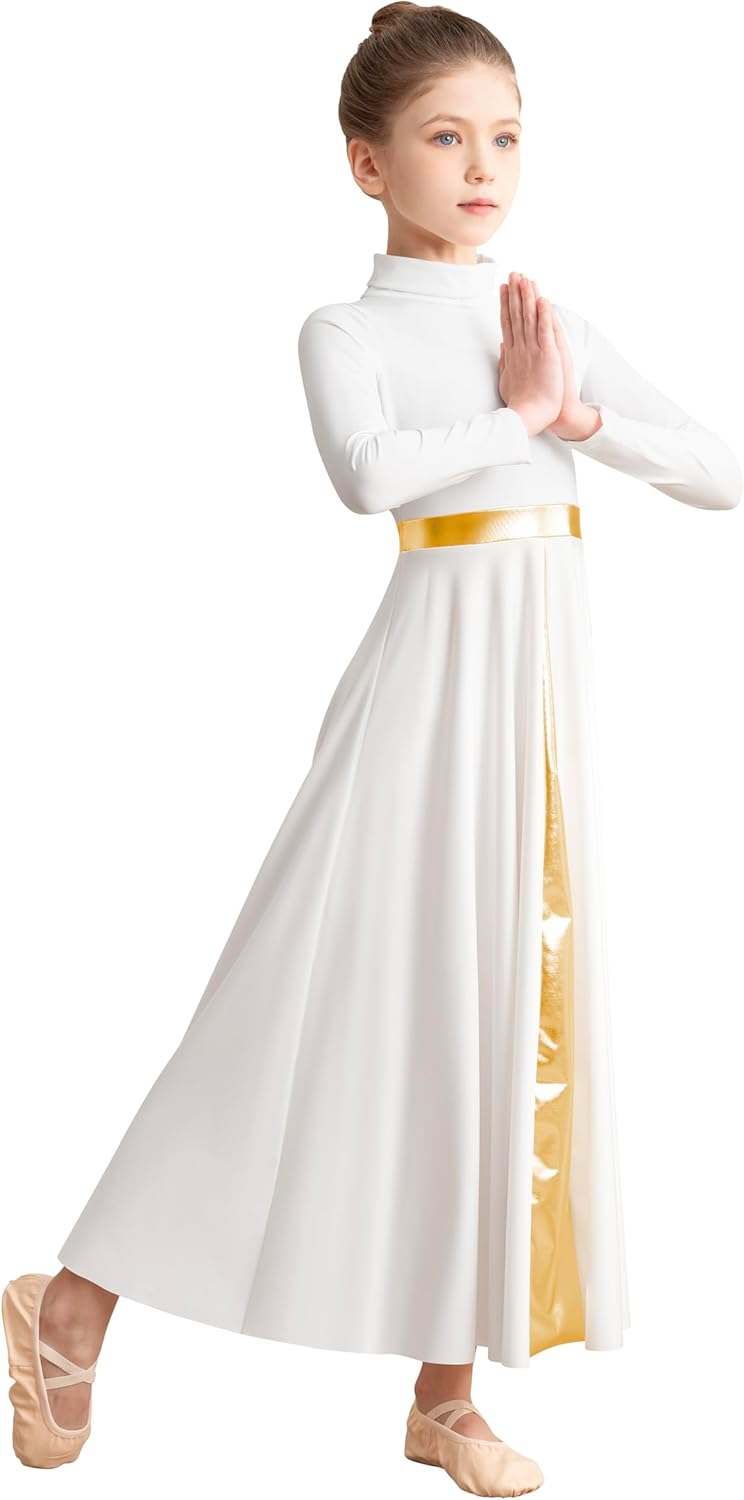 Girls High Neck Praise Dance Dress Loose Fit Full Length Long Sleeve Liturgical Dance Dress - Image 4