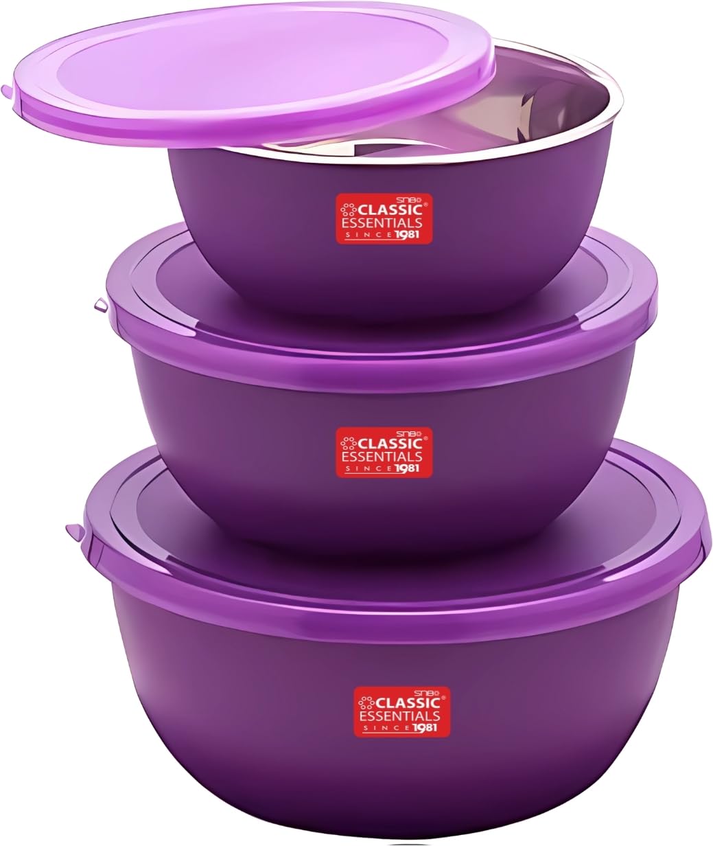 CLASSIC ESSENTIALS Stainless Steel Microwave Safe Mixing Bowls Set with Lid Food Serving and Storage Containers for You Modern Kitchen (CE-MSB-3Purple), 2500 Ml