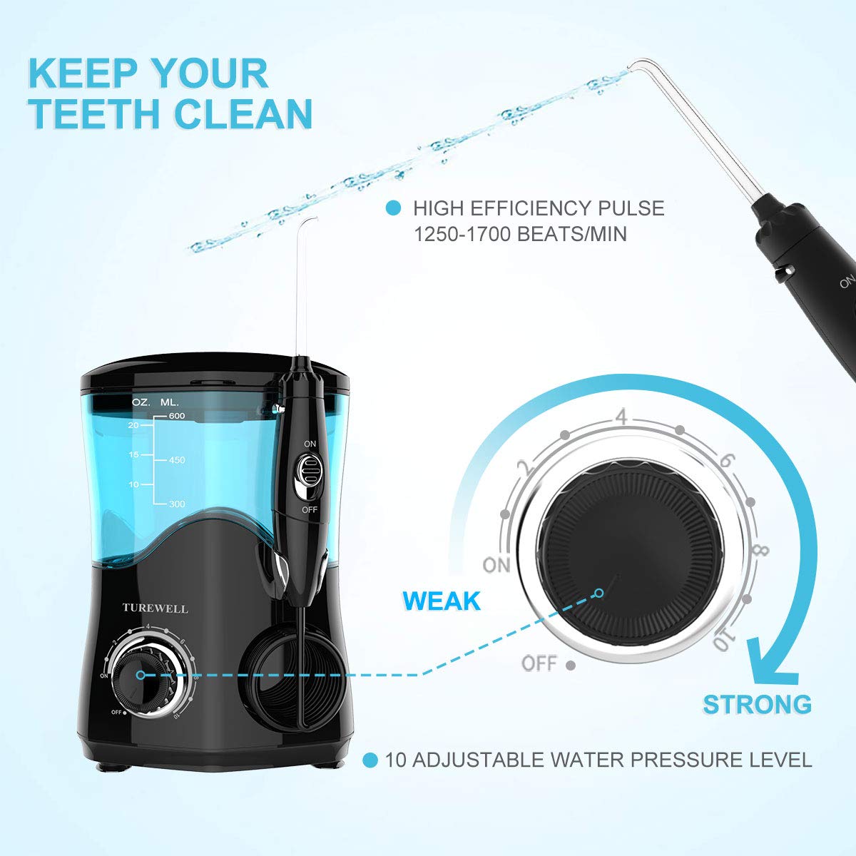 TUREWELL Idropulsore Dentale con 8 Ugelli Multifunzione, 10 valori nominali di pressione dell'acqua regolabili, pulsazioni ad alta frequenza con capacità di 600ml (Nero)
