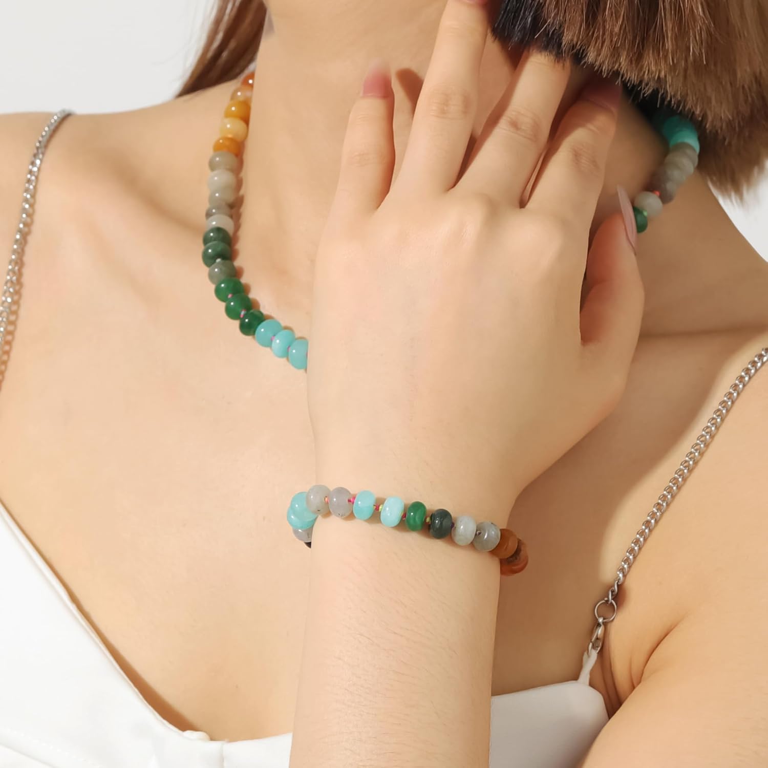 Beaded Gemstone Necklace for Women, Colorful Boho Bead Choker Necklace Natural Stone Freshwater Pearl Surfer Beach Necklace 14K Gold Plated Summer Handmade Jewelry Gifts - Image 4