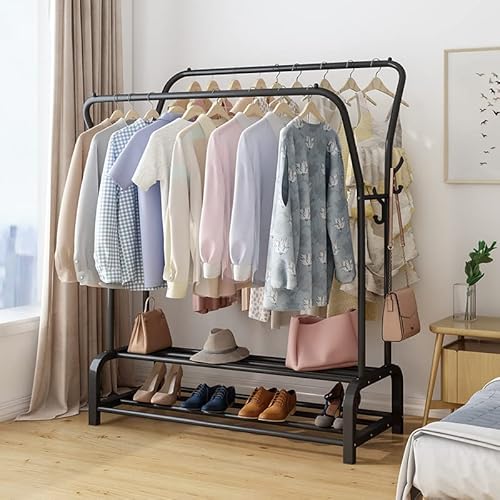 Toribio Garment Rack Free Standing Clothes Hanger With Double Rods Upgrade Multi-Functional Storage Shelf Coat Rack 4 Hooks Black #TOP1