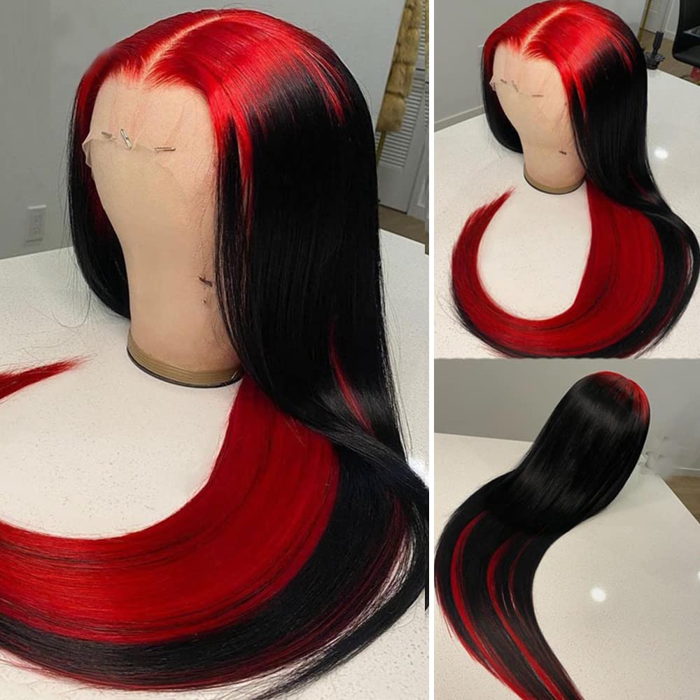 Highlight Ombre Lace Front Wig Human Hair Pre Plucked 13x4 HD Transparent Red/Natural Color Lace Frontal Wigs with Baby Hair 180% Density Colored Straight Lace Front Wig Human Hair for Black Women 20