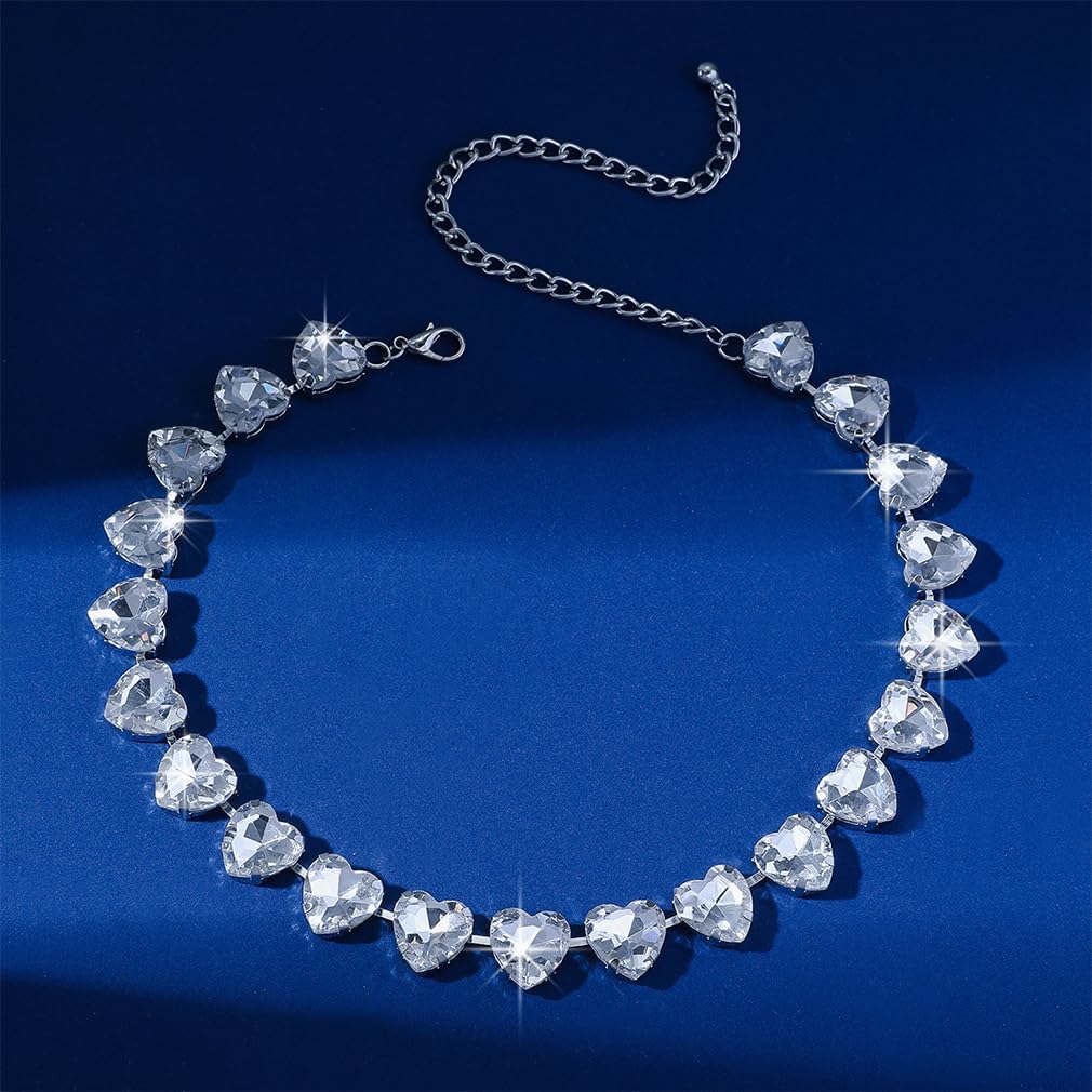 Sparkly Rhinestone Heart Beaded Choker Necklace for Women Bling Crystal Silver Love Shaped Statement Necklaces Wedding Prom Formal Jewelry Gifts - Image 9