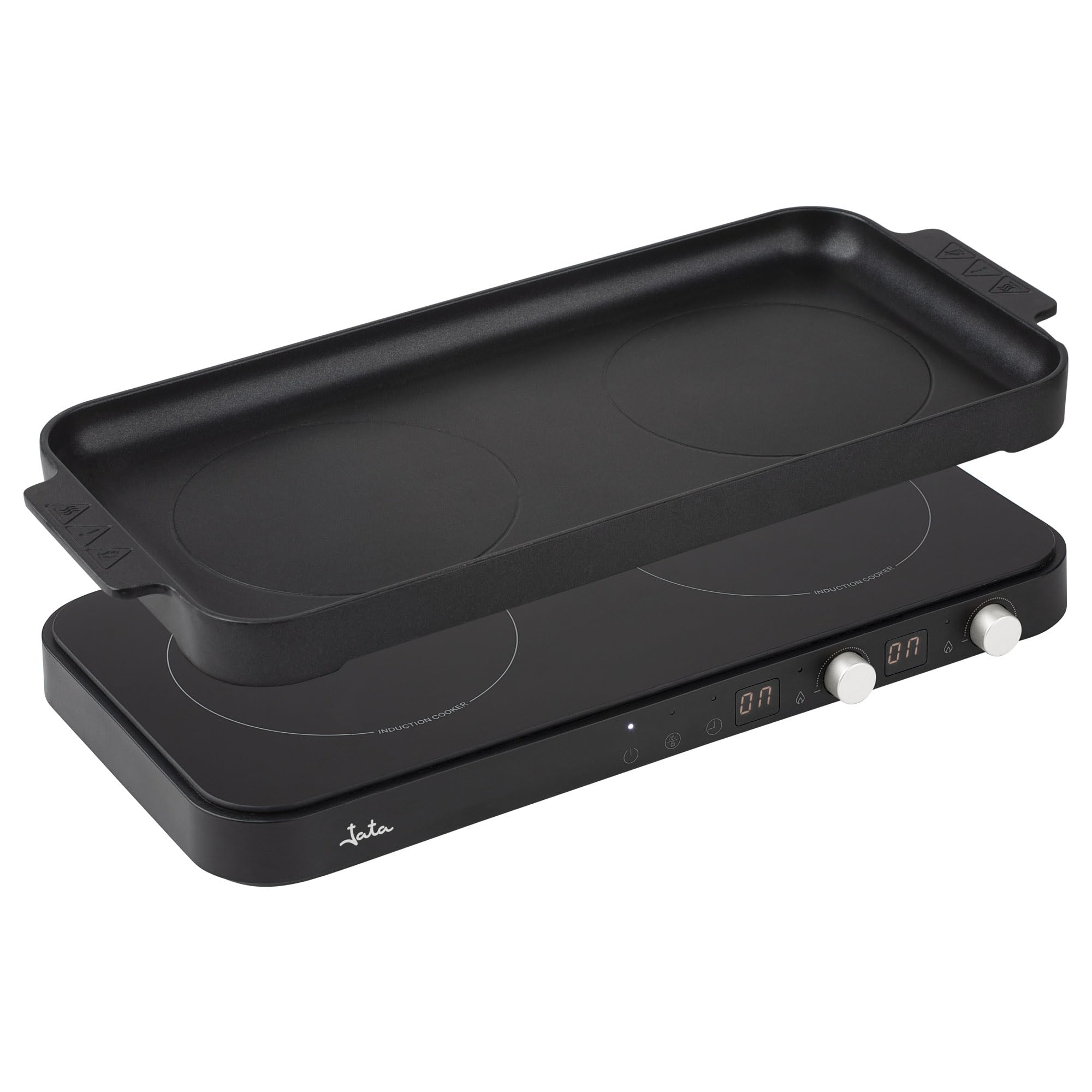 JATA JEVI1470 - Placa Induccion Portatil de 2 Fuegos + Plancha Cocina. 2800 W. Con tapa Antisalpicaduras. Hasta 230ºC. Con Temporizador de 99 minutos.