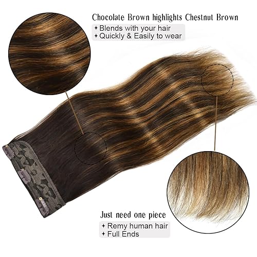 Miniatura 6 de Winsky Extensiones de cabello humano real, una pieza de extensiones de cabello Remy balayage, color marrón, 2.47 onzas, para mujer (14 pulgadas,