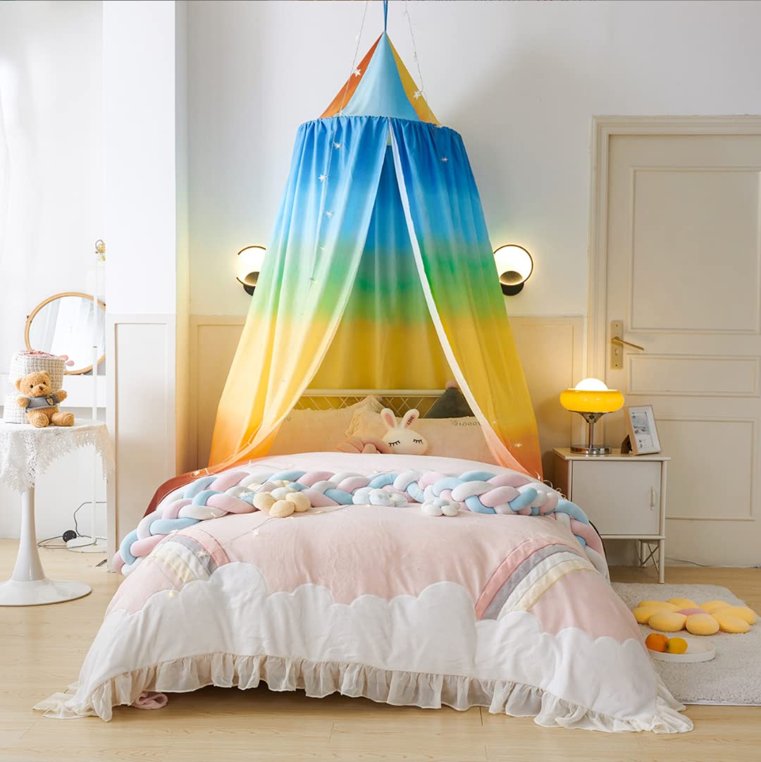 Himmelbett-Vorhänge, runder Kuppelhimmel, Verdunkelung, Mückenschutz, Moskitonetz mit Stern-Lichterkette, Farbverlauf (Regenbogen-Farbverlauf)