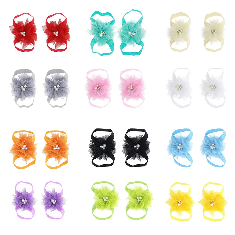 Baby Girl's Barefoot Sandals Bow, 12 Pairs Elastic Ribbon Strap String Soleless Footless Shoes, Bows Feet Wraps Accessories for Baby Girls Newborns Infants Toddlers Kids