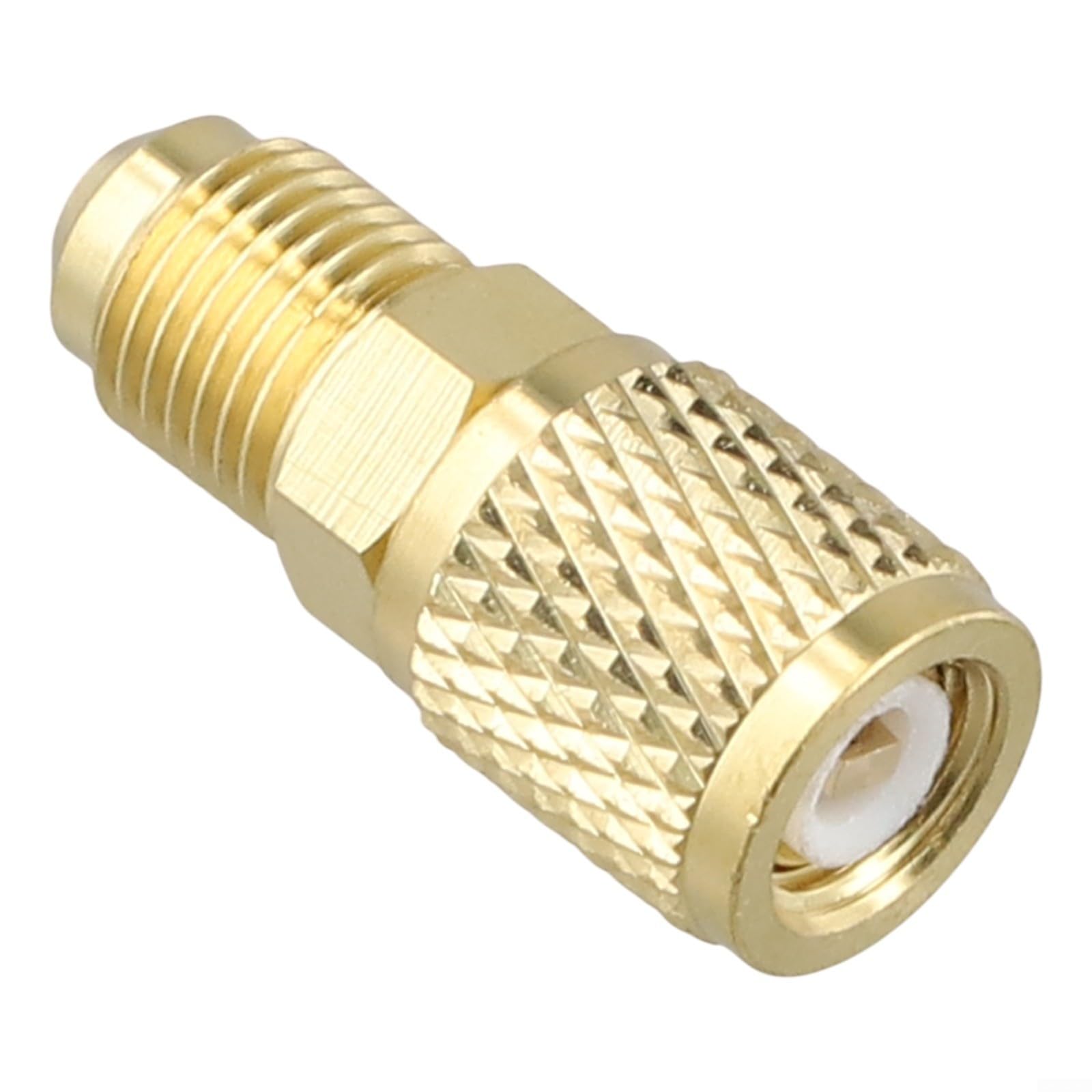 Adaptateur SAE mâle 5/16 x femelle 1/4 en laiton pour systèmes de climatisation R32 R410a R22 – Raccord doré, construction robuste, installation facile, accès sûr à la valve sous pression