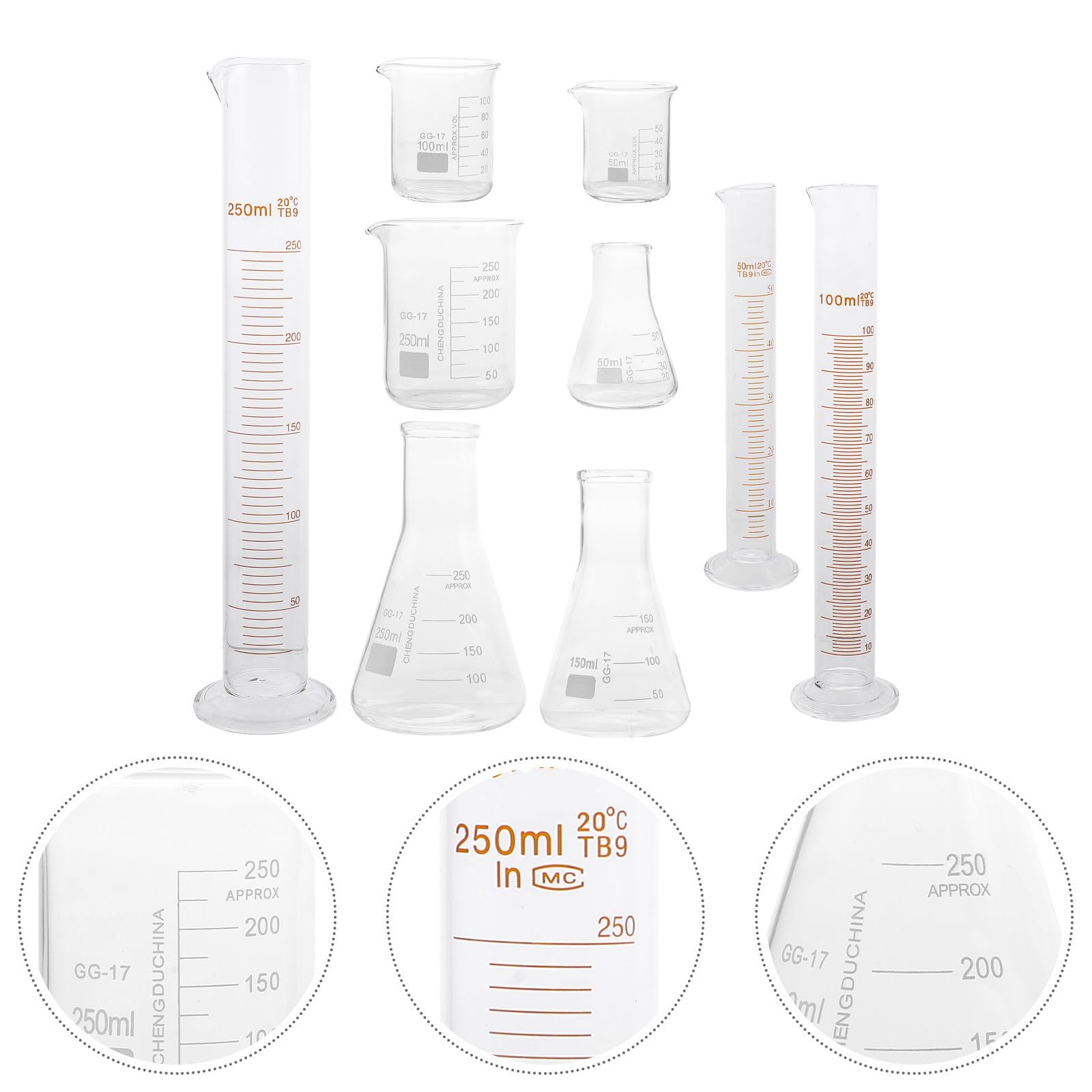 Zerodeko 9 Pièces Ensemble de Verrerie de Laboratoire en Verre Fiole Conique et Bécher Gradué 50-250ml, Échelle Facile à Lire, Résistance Élevée la Température Cuisine et Recherche