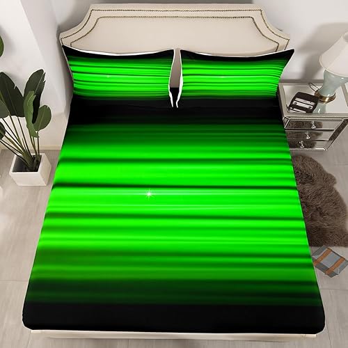 Erosebridal Sábanas de cama negro y verde neón degradado abstracto individual para niños y adolescentes, juego de ropa de cama geométrica moderna
