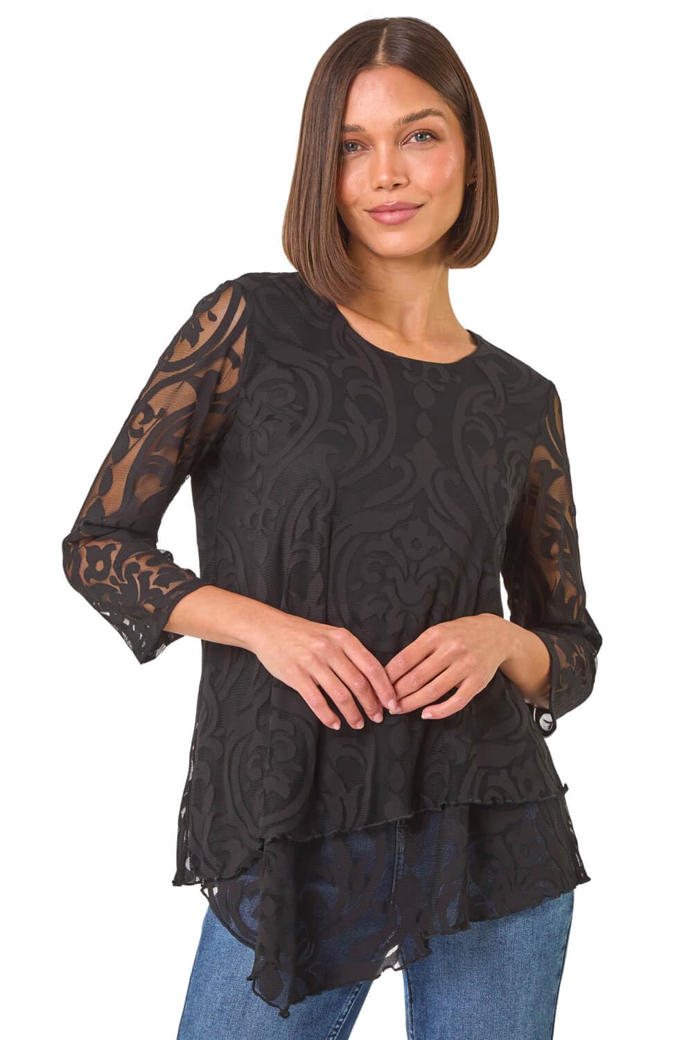 Roman Women's Black Burnout Print Asymmetric Stretch Top