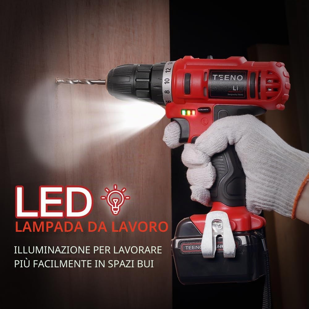 TEENO Trapano avvitatore a batteria 21V, dotato di 2 batterie da 1,5Ah, coppia di 35Nm, regolazione 18+1 livelli, 2 velocità, luce LED, ideale per progetti di bricolage