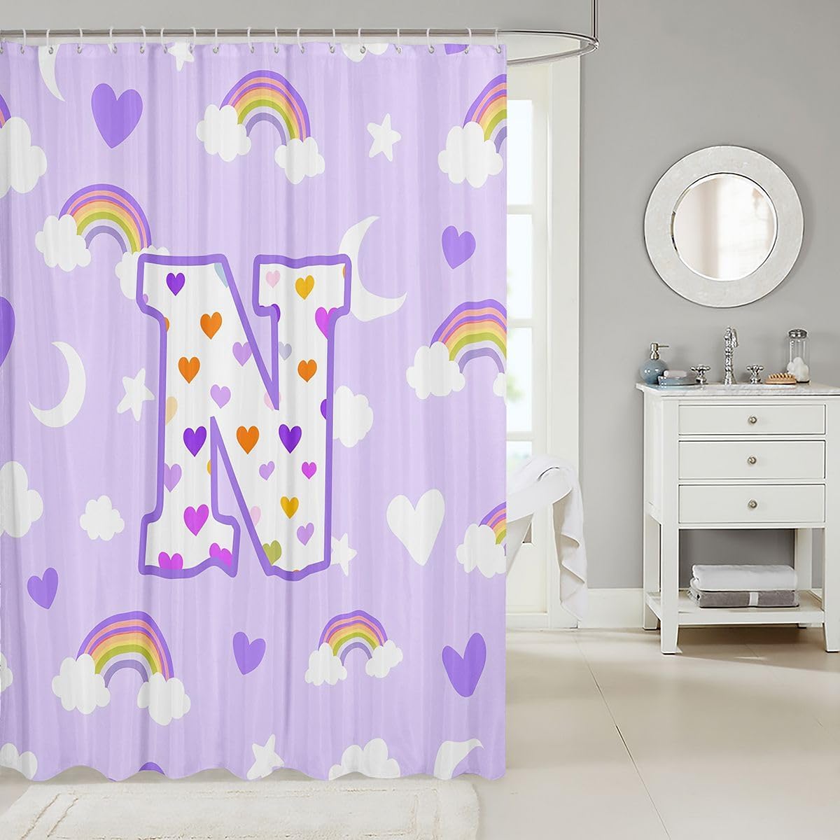 jejeloiu Cute Purple Rainbow Shower Curtain Star Moon Print Bath Curtain Personalized Letter N Bathroom Waterproof Accessories with 12 Hooks Colorful Love Heart Waterproof Polyester,72x72 Inches image 2