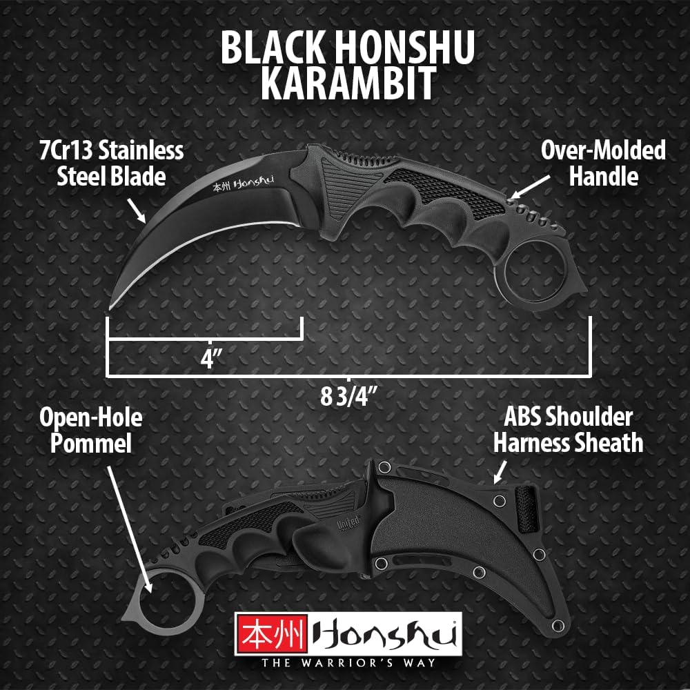 Honshu United Cutlery Karambit Knife | Full Tang Knife with Sheath | FIxed Blade Tactical Knife | Karambit Knives with 4" Stainless Steel Blade | ABS Shoulder Sheath | Overall Length 8.75"