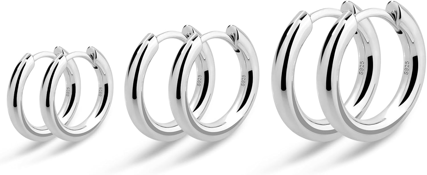 KRKC&CO Hoop Earrings Sterling Silver for Men, White Gold Plated/Black Earrings Sets, Hypoallergenic, Christmas Birthday Gift for Him, Small Piercing Jewelry for Men & Women, 10, 12,15mm