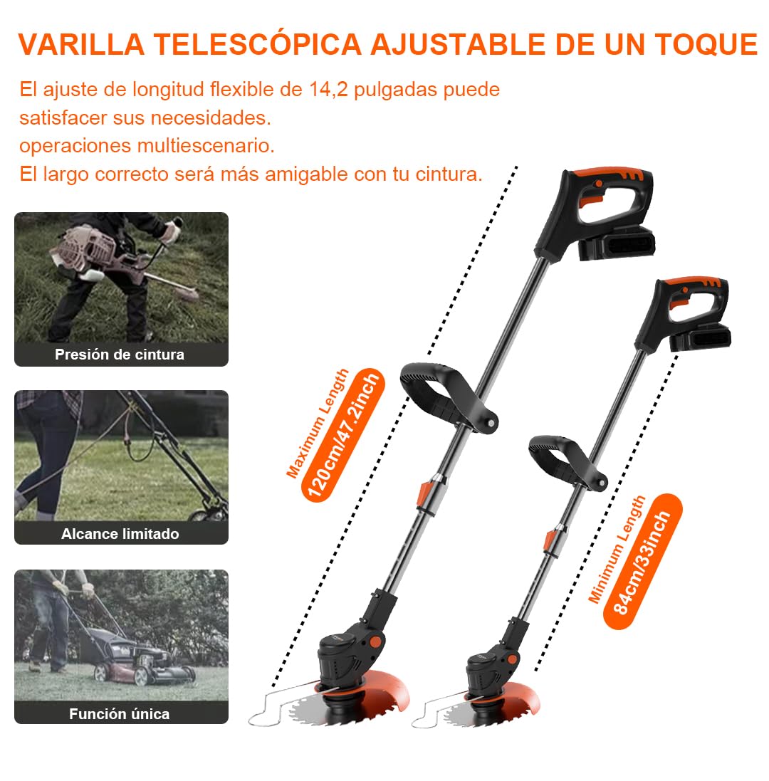 Desbrozadoras Electrica，21V Desbrozadora Bateria，El Cortabordes Bateria 3 en 1 Viene con 2 baterías de 2000 mAh ，Ajustable y MangoTelescópic ，Desbrozadora para Cortar Jardines y césped.