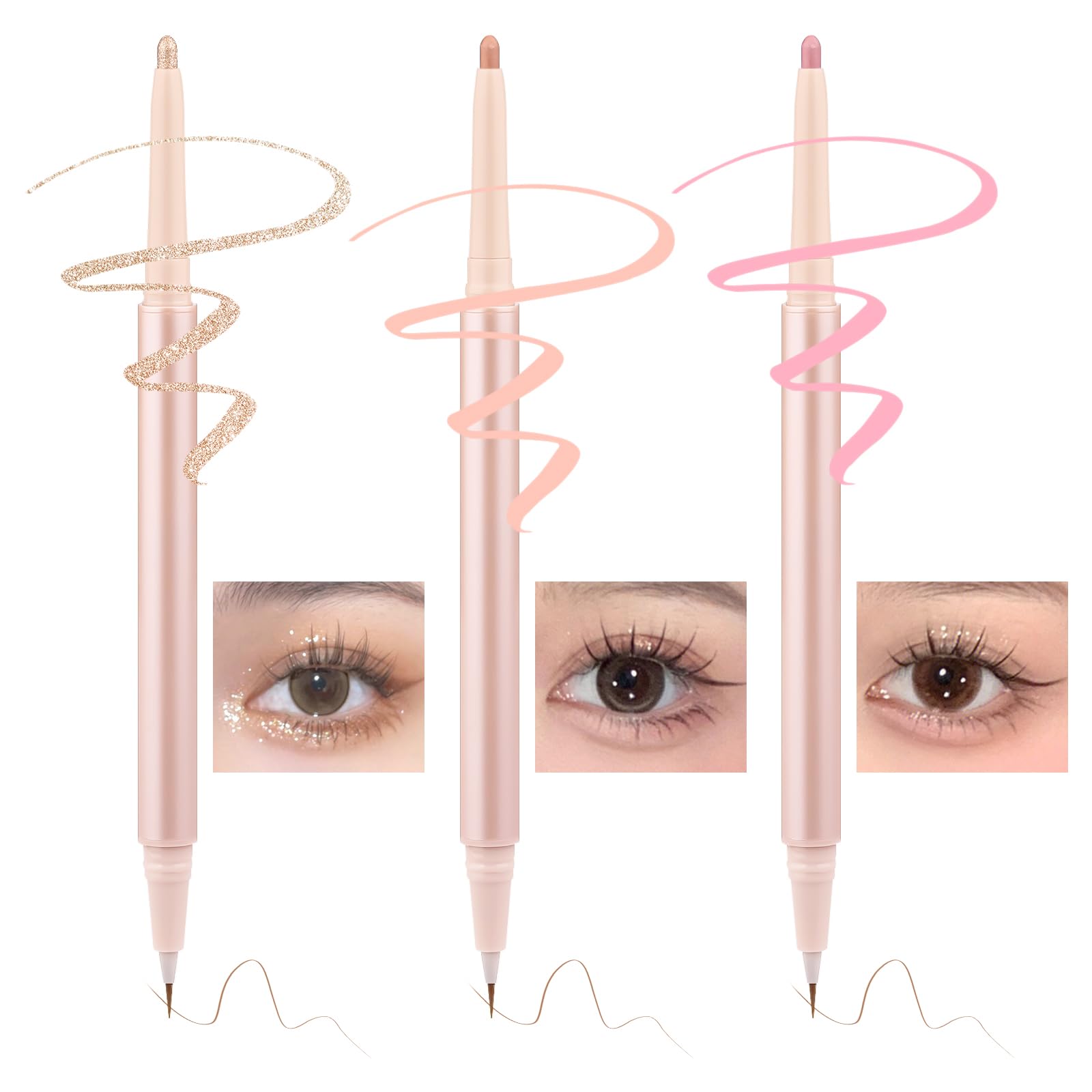 Nobeka 3PC Dual Ended Highlighter Makeup Pen, Glitter & Matte Nude EyeLiner & Eyeshadow, Liquid Contour Liner 2 in 1 Eye Make Up Stick, Mulit-Funtional Long Lasting Lying Silkworm Pencil Set