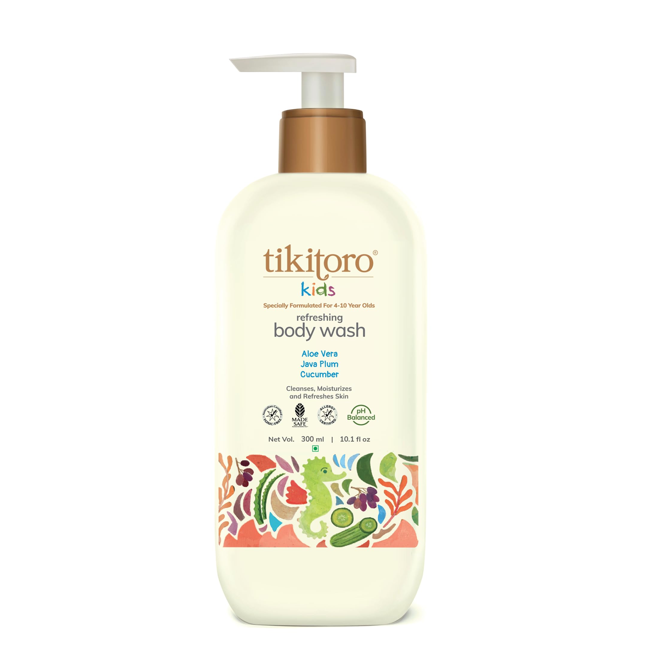 Tikitoro Kids Refreshing Body Wash 100% Vegan with Cucumber, Java Plum, Vitamin C & Aloe Vera, Deeply Cleanses, Hydrates & Refreshes Skin, No Parabens & Sulphates, Age 4+ years (300ml x 1)