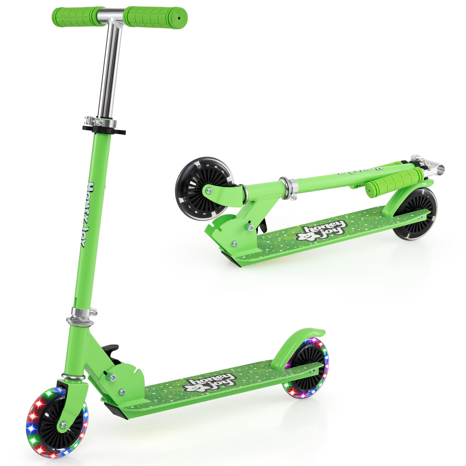 COSTWAY Monopattino Bambini, Monopattini a Spinta con 2 Ruote Lampeggianti, Manubrio e Freno, Monopattino Pieghevole e Regolabile in 3 Altezze per Bambini e Bambine +3 Anni (Verde)