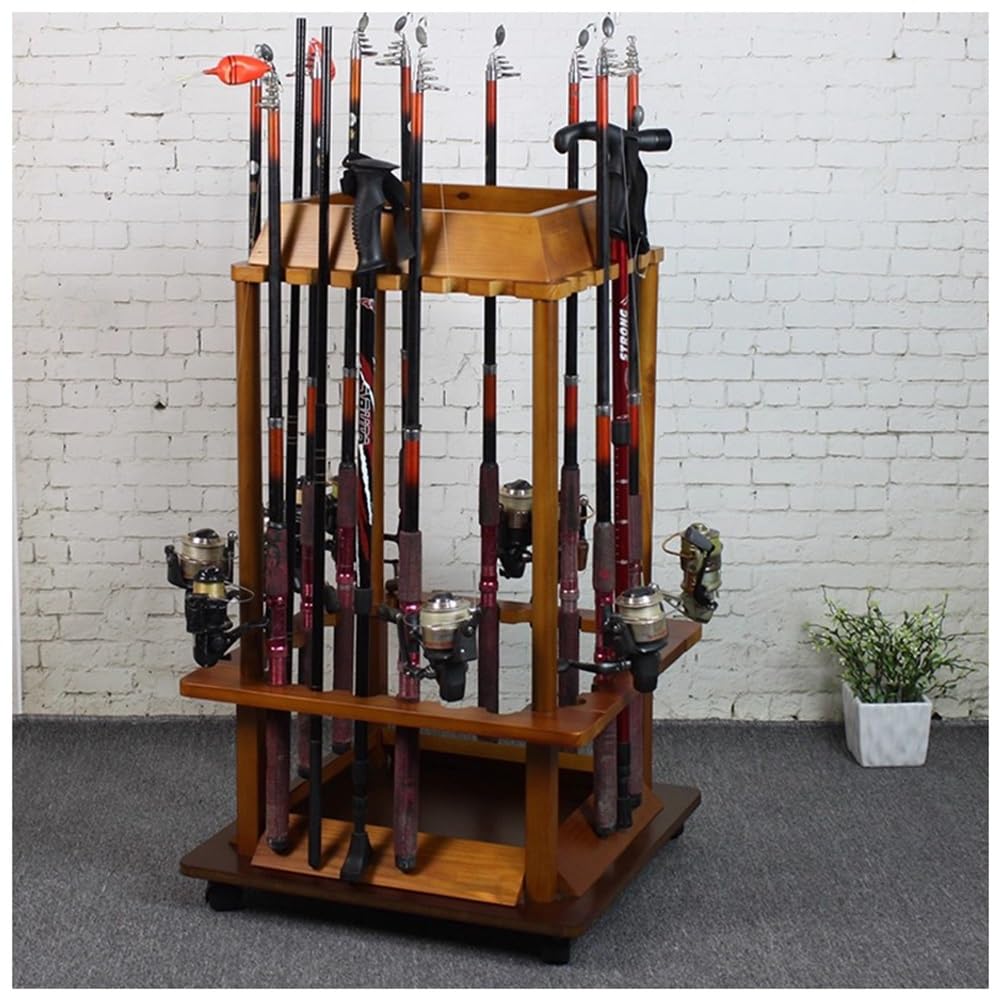Portaoggetti per canna da pesca con ruote, in legno, per pesca a rotelle, supporto portatile per canna da pesca per garage, barca, cantina