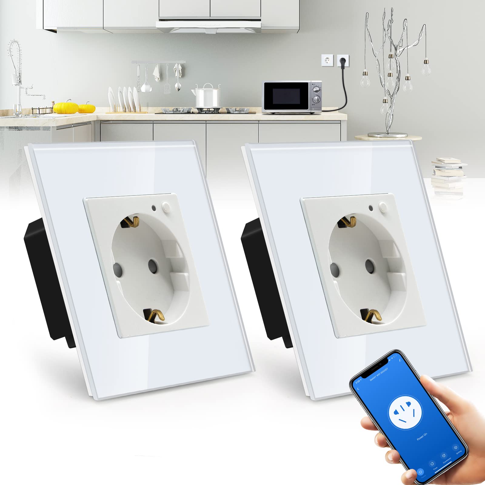 BSEED BSEED Enchufe Pared WiFi,Schuko Enchufe inteligente Compatible con Alexa y Google Home,Control de APP y Función de Temporizador,protección de contacto,16A Blanco-2 Paquete