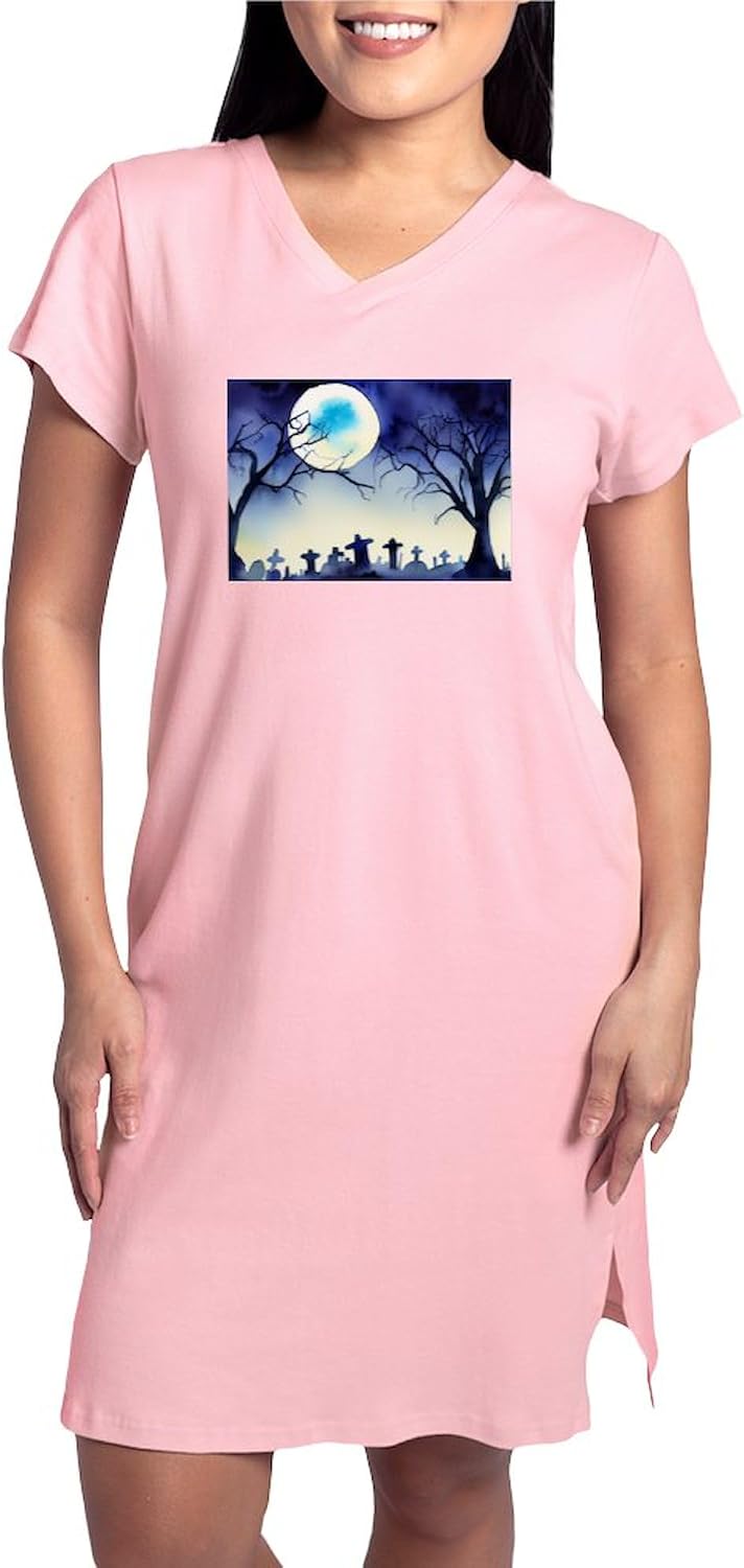 CafePress Watercolor Halloween Night Women's Nightshirt, Soft Long Pajama Shirt, Cotton PJs/Pyjamas Pink