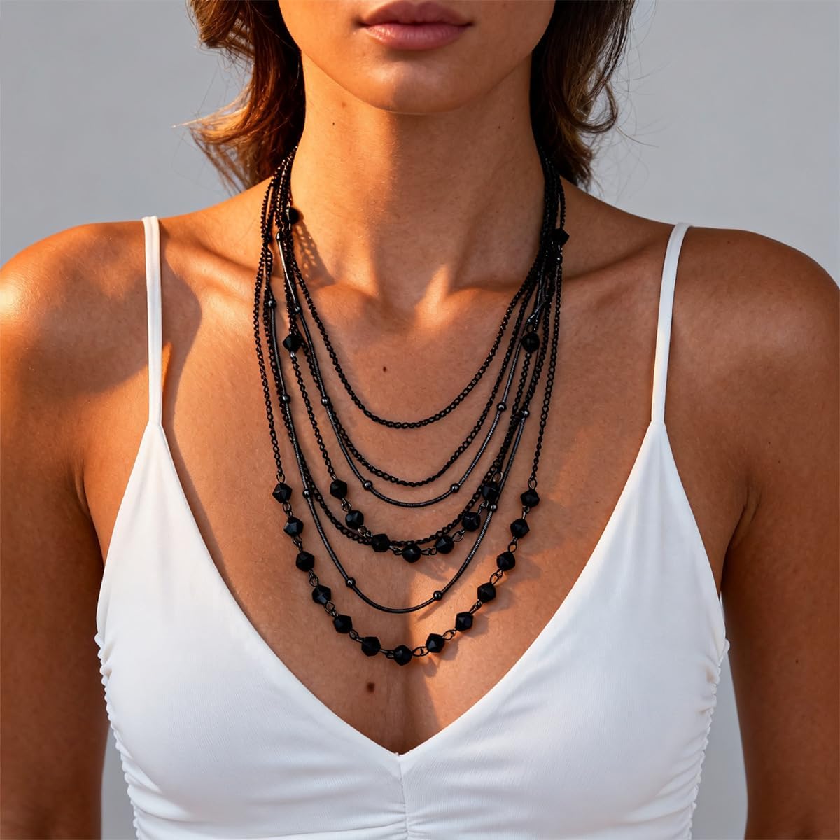 Boho Layered Necklace for Women Stacked Crystal Chain Necklace Beaded Pendant Boho Necklace Trendy Dainty Jewelry