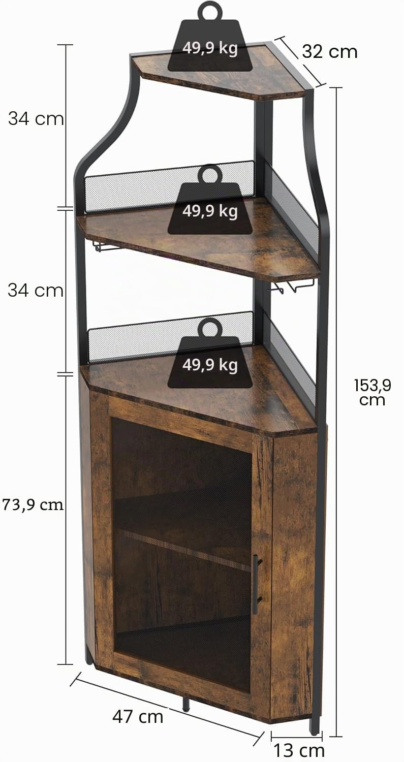 Armoire à vin d'angle avec Table de Travail, Armoire à vin en Bois avec 5 étagères et 2 Supports en Verre et Porte en Maille pour Cuisine, Salon, Salle à Manger (152 x 90 x 32 cm, Naturel)
