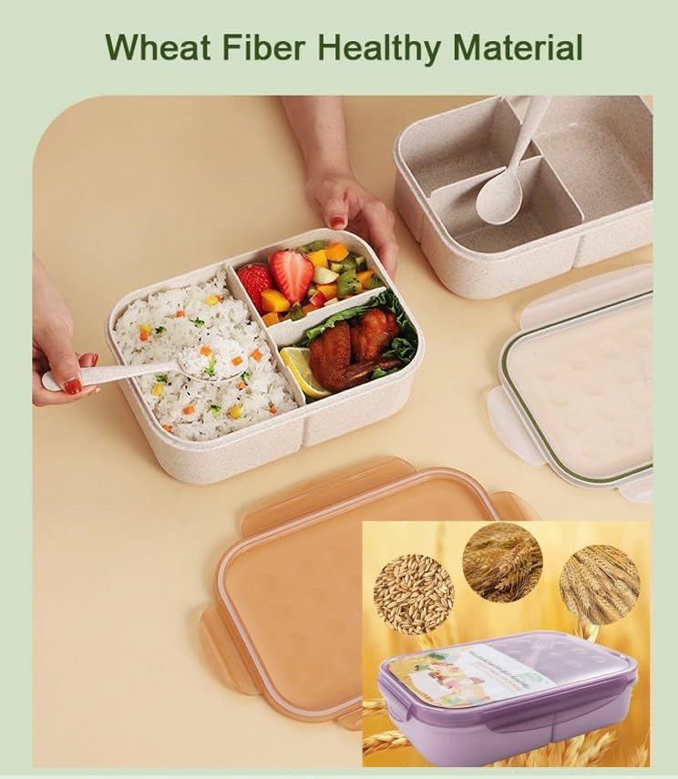 2 Pack, Pair - Wheat Fiber (No BPAs, No Chemical Dyes) Lunch Box Set, Bento Box, Food container for Adults, Kids, Baby for school, work, daycare. Lunch Boxes with 3 Compartments, Flatware. (Purple/ Yellow - 1150ML) 6 61j3WcTAtJL. AC