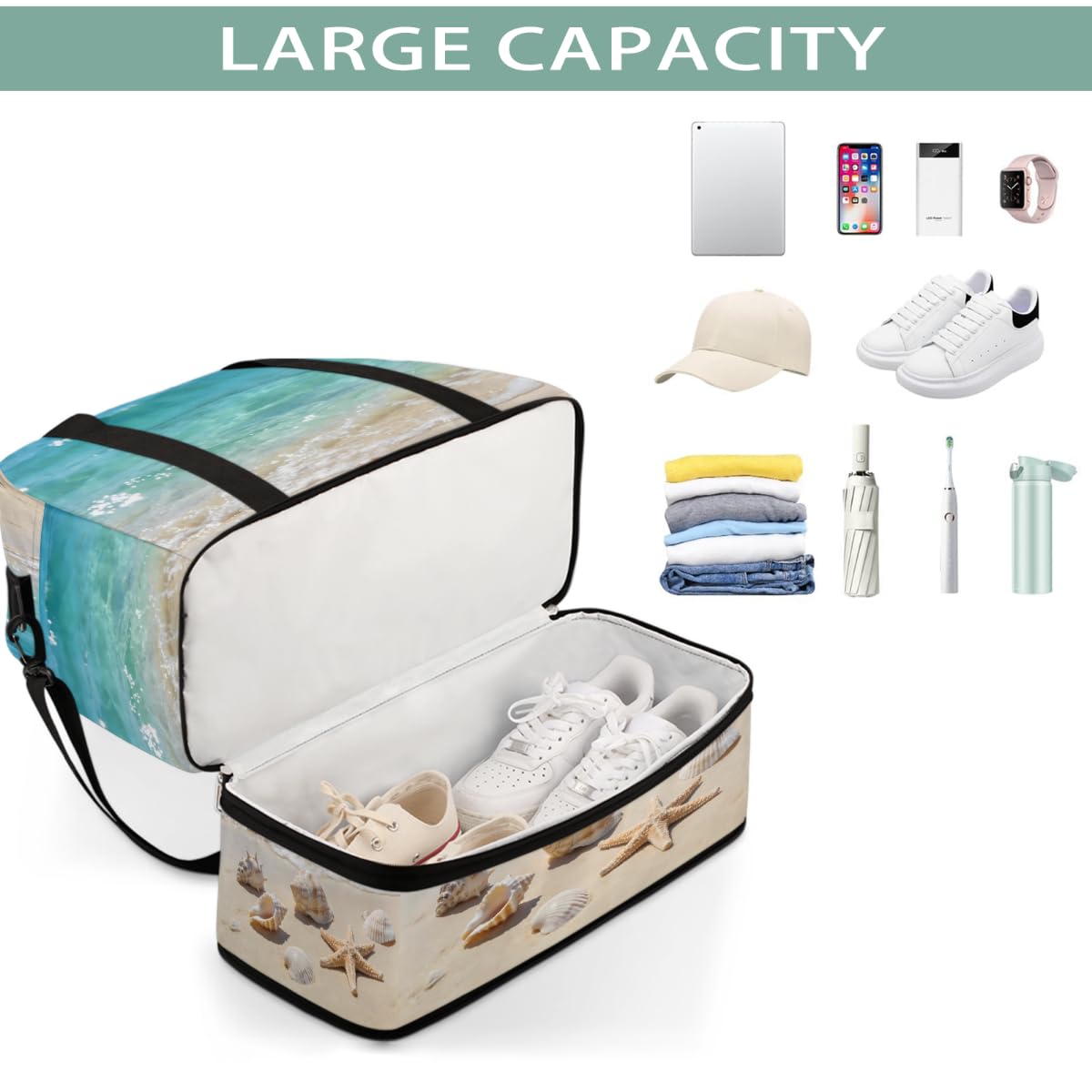 Bolsa de viaje plegable de verano con diseño de estrellas de mar y conchas marinas, bolsa de gimnasio expandible con compartimento para zapatos, bolsa de fin de semana de gran capacidad para viajes