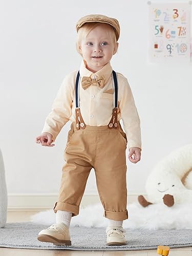 Miniatura 3 de SALNIER Conjunto de ropa de traje de bebé niño esmoquin trajes de caballero trajes de corbatín camisa tirantes pantalones boina sombrero 0-24M