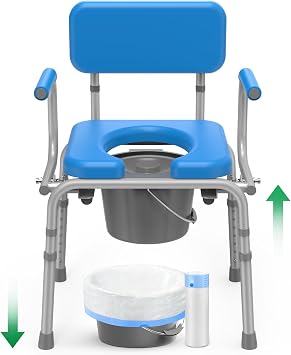 Loyoda Drop Arm Bedside Commode with Linners, Commode with Padded Seat and Backrest, 500lbs Capacity, 5.81QT Removable Bucket, Adjustable Height Portable Toilet for Adults, Blue