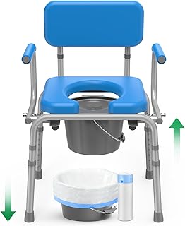 Drop Arm Bedside Commode with Linners, Commode with Padded Seat and Backrest, 500lbs Capacity, 5.81QT Removable Bucket, Adjustable Height Portable Toilet for Adults, Blue