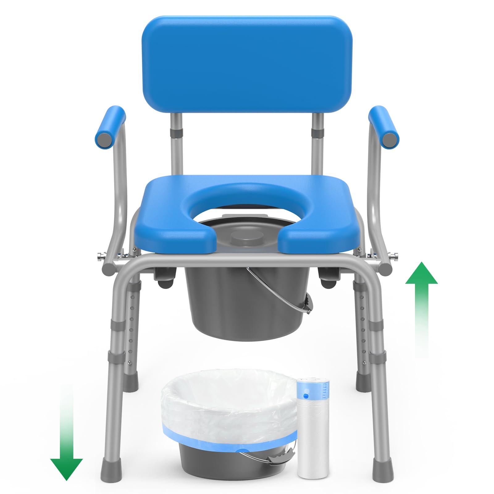 Photo 1 of Loyoda Drop Arm Bedside Commode with Linners, Commode with Padded Seat and Backrest, 500lbs Capacity, 5.81QT Removable Bucket, Adjustable Height Portable Toilet for Adults, Blue