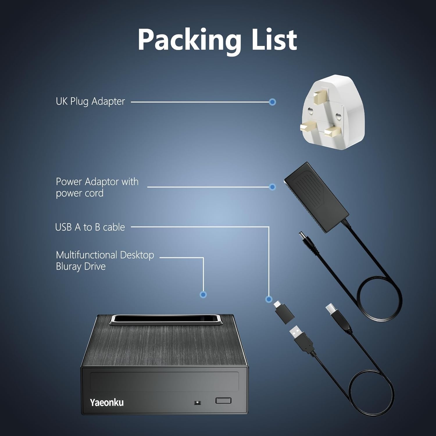 Yaeonku Externes 4-in-1-Blu-Ray-Laufwerk, 16 x USB 3.0 und Typ-C externes Blu-Ray-Laufwerk, multifunktionales Schnellladegerät, Desktop-BD/CD/DVD-Brenner/Lesen mit HDD-Gehäuse