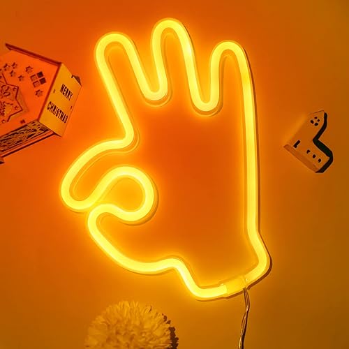 Miniatura 9 de ENUOLI Letreros de neón con forma de mano con forma de dedo, con gesto, luces LED de neón LED con USB o pilas, letreros decorativos de neón para