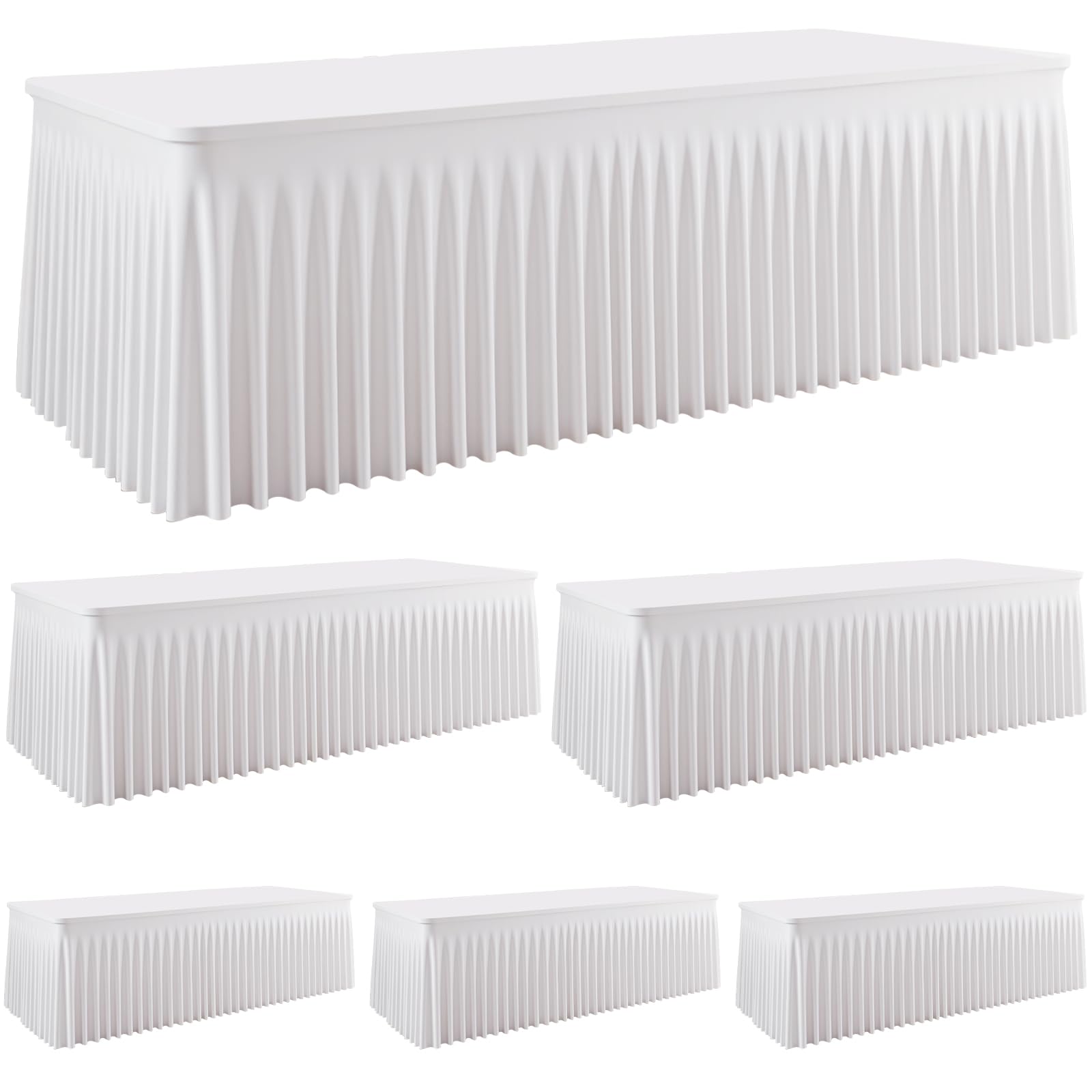 6 Pack 8FT White Spandex Tablecloths with Skirts, 96 Inch Stretch Fitted Rectangular Table Covers, Wrinkle Resistant Reusable Tablecloth for Wedding, Banquets, Parties,Trade Show and Event