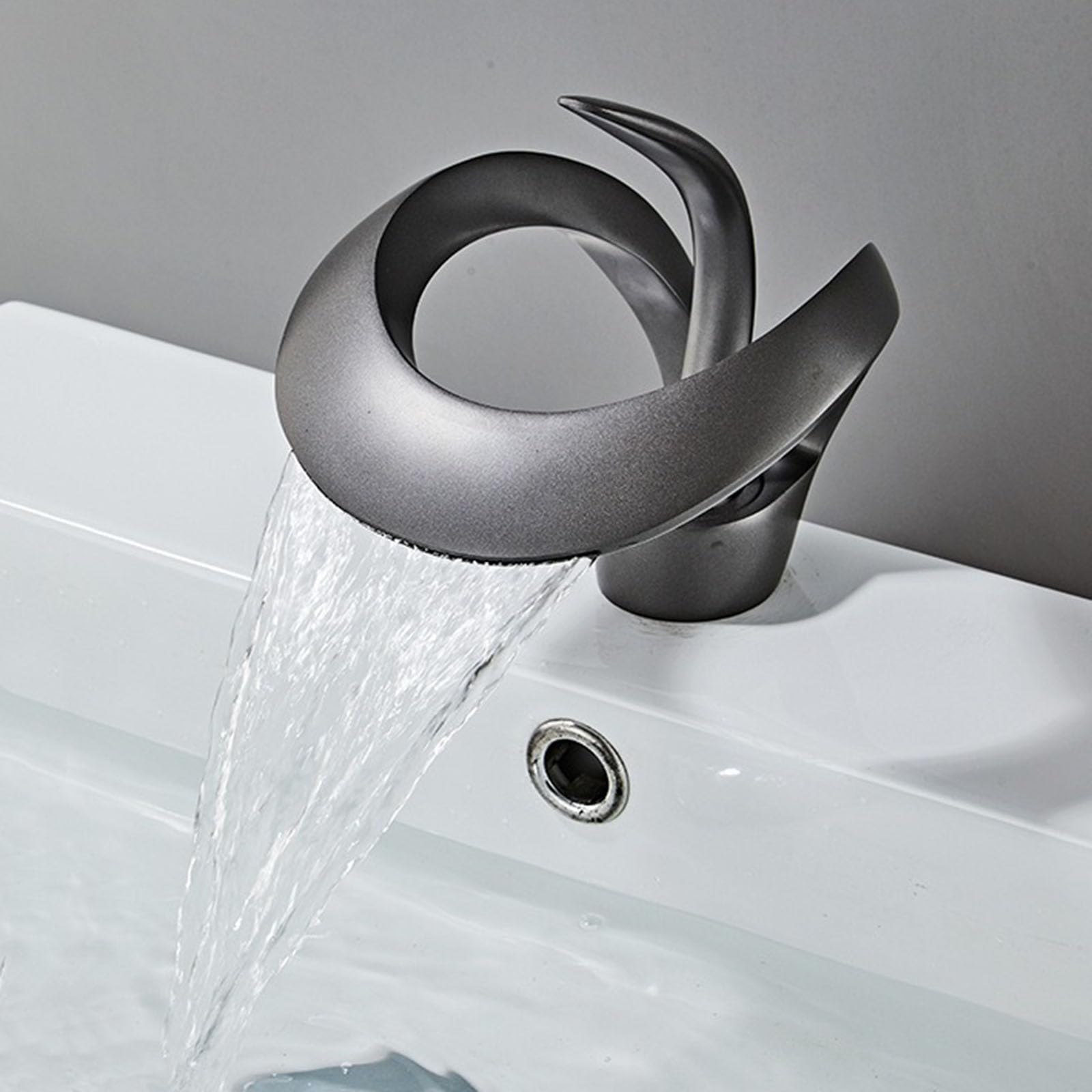 Nfusrxmbk Gun Grey Basin Tap Waterfall Single Hole, Mixer Tap Bathroom Sink Brass Single Handle Grey
