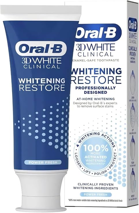 Oral-B 3D White Clinical Whitening Restore Toothpaste, Remove Surface Stains, Enamel-Safe Whitening Toothpaste, 70ml (Pack of 2)
